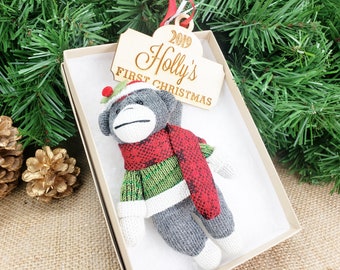 Monkey Personalized Christmas Ornament / Sock Monkey Ornament  / Baby's First Christmas Ornament / Plush Monkey Stuffed Animal Ornament Gift