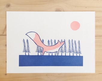 Fox in the forest lino print