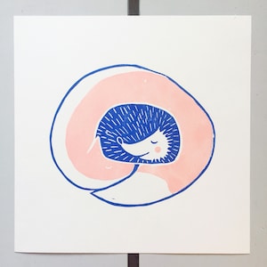 Sleeping fox and hedgehog lino print image 1