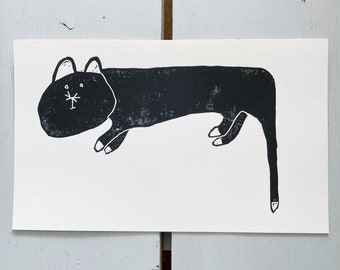 Black quirky cat lino print