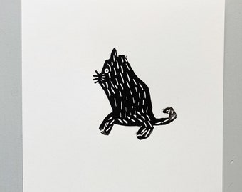 Black quirky cat lino print