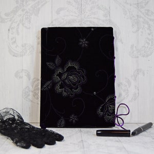 Goth romantic journal closes like a corset, Hardcover blank journal for journaling, Handbound with black velvet, Handmade A5 blank journal