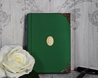 A6 green journal with cameo, Handbound with green fabric, Hardcover blank A6 journal, Handmade fabric unlined journal, Gift for woman writer