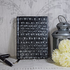 A6 journal with silver stars, Handmade journal gift for writer, Handbound journal with black faux leather fabric, Hardcover A6 blank journal