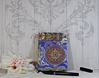 A6 journal handbound with blue paper illustrated with Hindi decorations, Blank journal for writing, Hardcover journal gift for woman writer