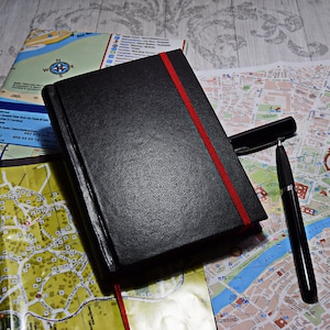 Blanco A6-dagboek met een vak, blanco hardcover dagboek voor journaling, stoffen dagboek handgebonden met zwart kunstleer, cadeau voor reiziger