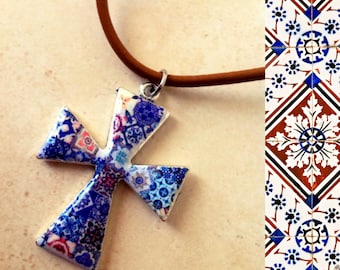 Big necklace Cross Portuguese Tile replica, religious jewelry for stylish women, vintage cross tile, colorful jewelry