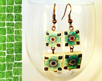 Two hanging square earrings, geometric jewelry for modern women, green squares of Portuguese tile replica