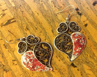 Portuguese Jewelry, Silver Filigree Light Earrings, Dangle Heart Earrings, Portuguese tilereplica, Gift for women