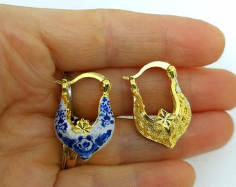Filigree Creole Hoop Earrings: Gold Dainty Portuguese Tile Polymer Clay