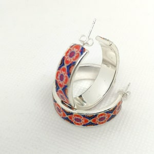 Silver Plated Portuguese Tile Earrings: Red Polymer Clay Detail