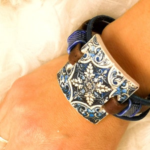 Vegan Cork Bracelet: Portuguese Tile Replica, Silver Clasp