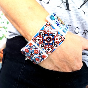 Handcrafted Portuguese Tile Bracelet: Polymer Clay Statement Jewelry