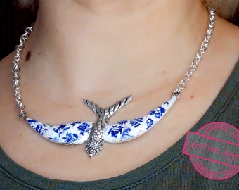 Swallow bird choker, symbols of love and loyalty, Feeling free pendant,  colorful and summery with Portuguese tiles.