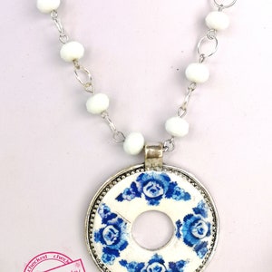 Elegant short necklace with silver finish stainless steel medallion, replica details of Portuguese blue tiles and bench image 5