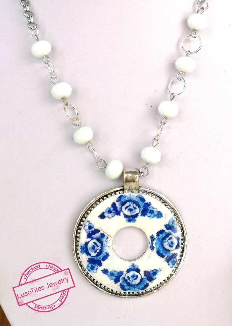 Elegant short necklace with silver finish stainless steel medallion, replica details of Portuguese blue tiles and bench image 5