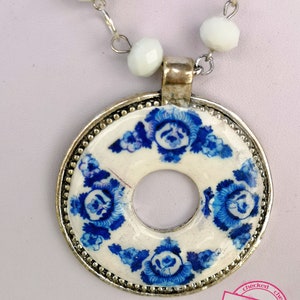 Elegant short necklace with silver finish stainless steel medallion, replica details of Portuguese blue tiles and bench image 3