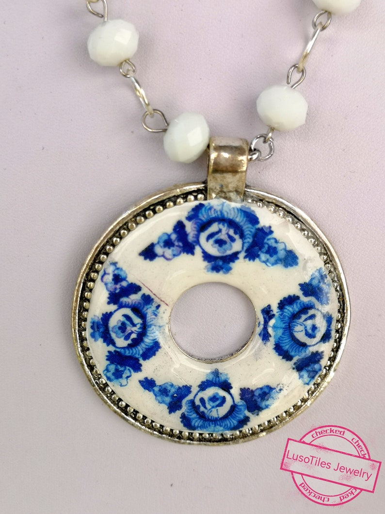 Elegant short necklace with silver finish stainless steel medallion, replica details of Portuguese blue tiles and bench image 3