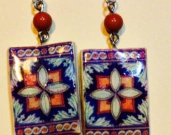 Vintage earrings antique tile replica, dangle square earrings, Jewelry for stylish women, Gift for wife or girlfriend.