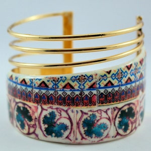 Handmade Gold Cuff Bracelet Inspired by Palacio da Pena Tiles - Unique Artisan Jewelry for Glamorous Style