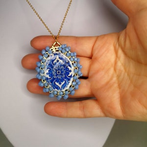 Handcrafted Reversible Cameo Necklace with Portuguese Tile Design & Blue Beads - Dainty Gold Jewelry Gift in Recycled Box