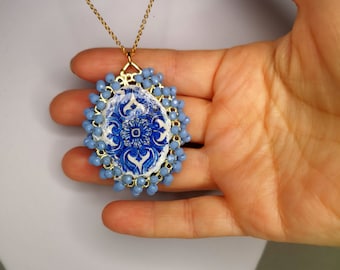 Portuguese tile Reversible Cameo Necklace, dainty gold necklace, Special gift of Portuguese jewelry.