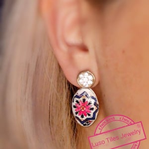 Colorful Portuguese Tile Stud Dangle Earrings, Stainless Steel, Bohemian Women Jewelry, Mother&#39;s Day Gift, Handmade Miniature Replica