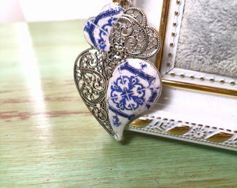 Large Hollow Filigree Antique Viana Heart necklace, Elegant jewelry for women, portuguese tile replica, blue and white tile