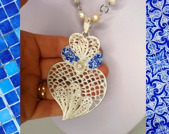 Filigree necklace of the heart of Viana, Typical Portuguese necklace with replica of Portuguese tile, necklace with river pearls