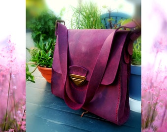 Burgundy genuine leather shoulder bag for women, vintage style medium bag, special gift for her