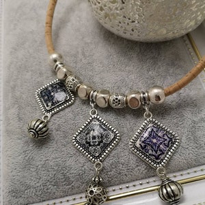 Elegant choker with vegan cork cord and Portuguese tile replicas, Necklace to give on Mother&#39;s Day, Exclusive design choker
