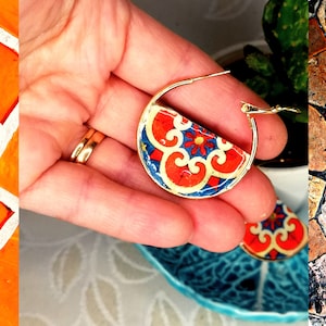 Colorful flat hoop earrings, Miniature Tile Replica Flat Hoop Earring, Lightweight Modern Hoop Earrings, Custom gift for her.