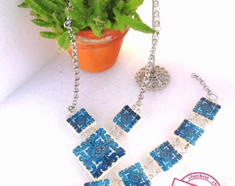 2022 Jewelry Tiles Set Choker and Bracelet, blue and white miniature tiles, special gift for her in this Holidays.