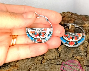 Medium silver hoop earrings, with replica of old blue and pink Portuguese tile, exclusive design by Luso Tiles Jewelry