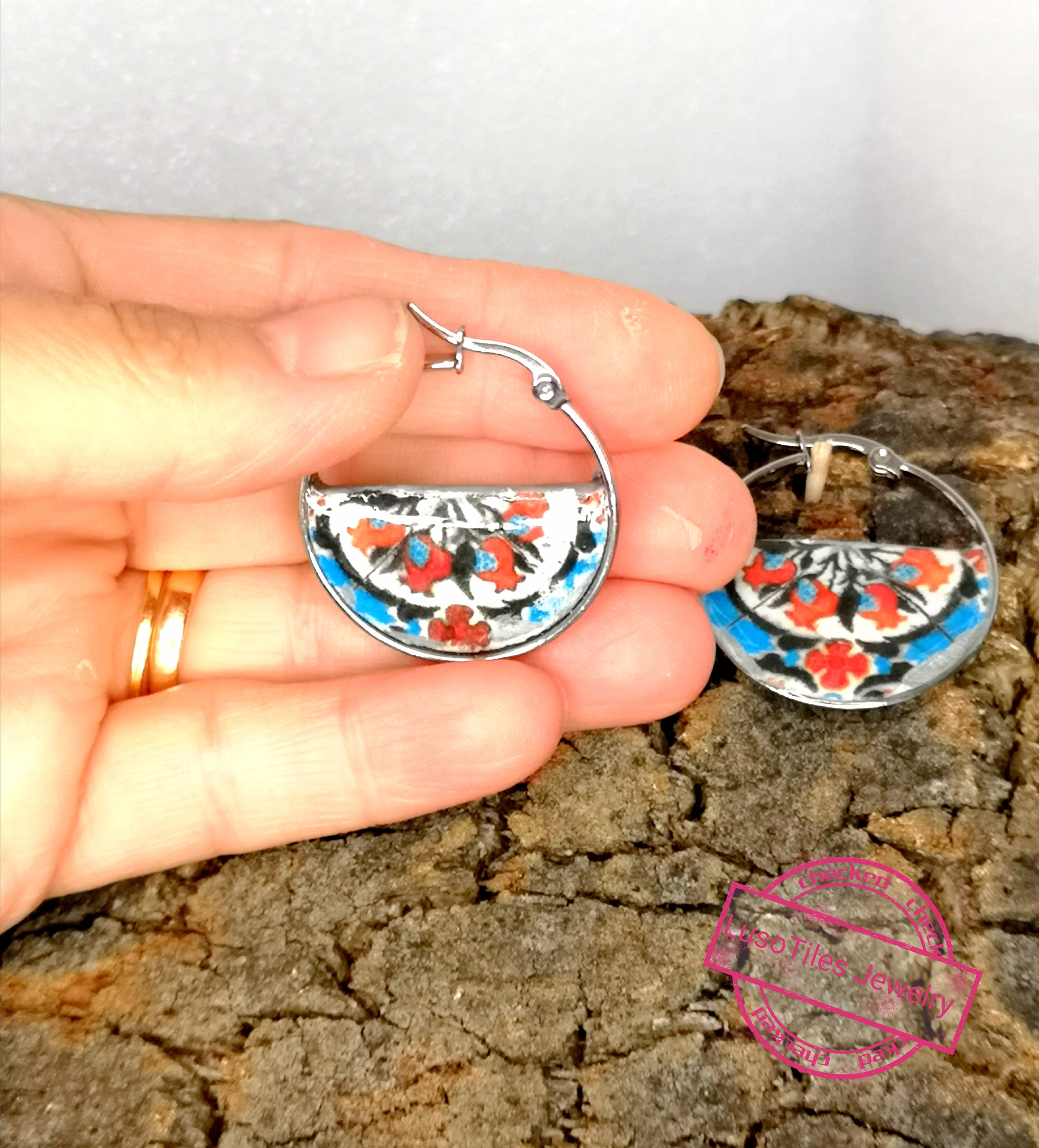 Portuguese Tile Hoop Earrings: Blue & Pink Floral Design