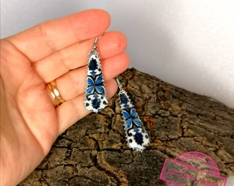 Teardrop silver earrings with blue and withe Portuguese tile replica, artisan woman jewelry, special gift for her