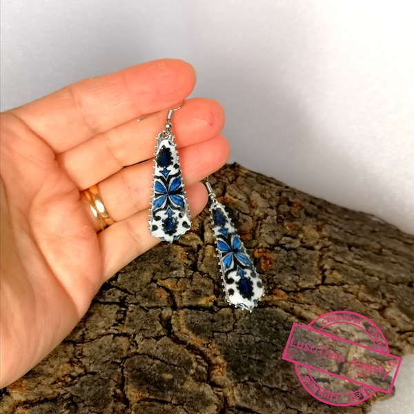 Teardrop silver earrings with blue and withe Portuguese tile replica, artisan woman jewelry, special gift for her