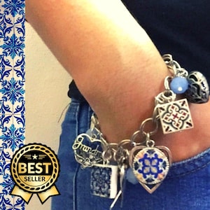 Portugal Memories Wide Chain Bracelet with Unique Charms, Handmade Elegant Jewel for Women with antique portuguese tiles.