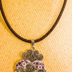 Brown Cork Lace Necklace with Heart Filigree and Portuguese Tile Pendant