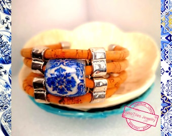 Wide adjustable cork bracelet and replica of Portuguese tile, special gift for women, summer bracelet