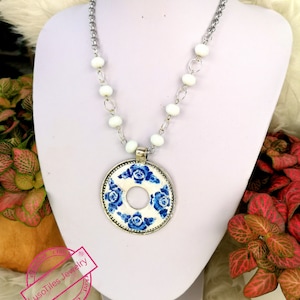 Elegant short necklace with silver finish stainless steel medallion, replica details of Portuguese blue tiles and bench image 1