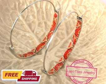 Bohemian Hoop Earrings: Silver Portuguese Tile Replica