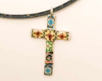 Easter Jewelry ,Christian Sacred, cross pendant, Spiritual symbol jewelry, Replica of historical portuguese tile, Dainty women necklace