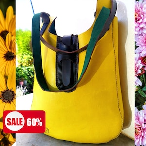 Yellow Leather Medium Shoulder Bag with Bottle Green Suede Lining, Custom Made Trendy Bag for Modern Women, Everyday Casual Wear