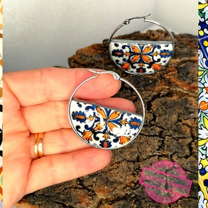 Portuguese Tile Hoop Earrings: Exclusive Design, Lightweight Jewelry