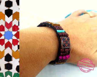 Luso Tiles Leather Cuff Bracelet: Portuguese Tile & Acrylic Bead Jewelry