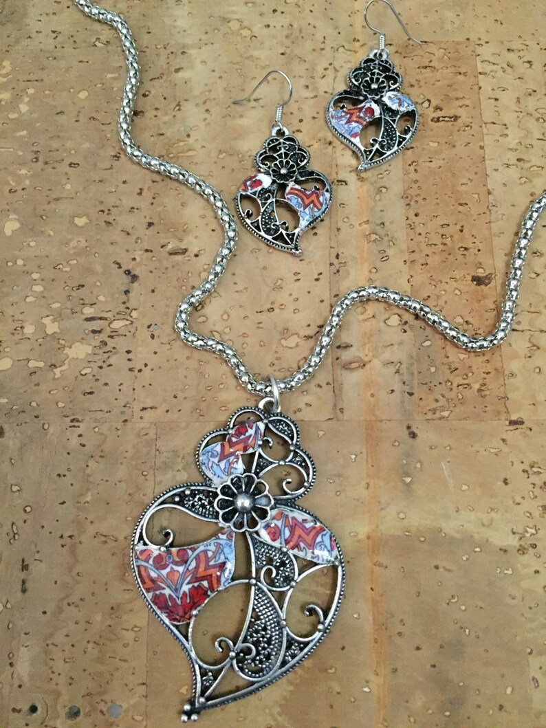 jewelry set with portuguese tile replica Portuguese Jewelryjewelry set necklace and earrings jewelry set with heart of Viana