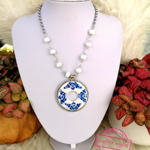 Elegant short necklace with silver finish stainless steel medallion, replica details of Portuguese blue tiles and bench image 7