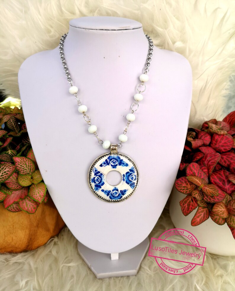 Elegant short necklace with silver finish stainless steel medallion, replica details of Portuguese blue tiles and bench image 7