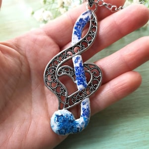 Statement necklace, Treble clef necklace, Silver filigree necklace for her, large pendant, peculiar women necklace.